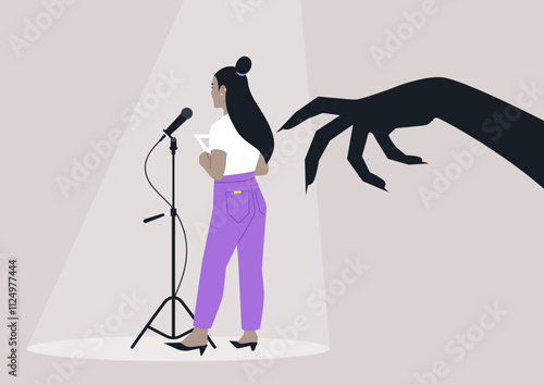 A performer stands nervously at a microphone, illuminated by a spotlight, while a large, shadowy claw looms threateningly overhead, embodying the struggle against stage fright and anxiety