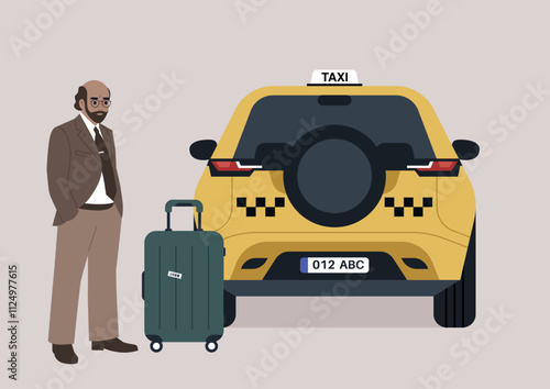 Passenger in formal attire waiting for a taxi outside the airport with luggage in a bustling urban setting during the busy travel season