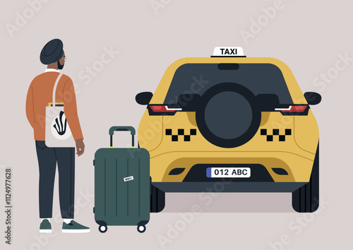 A traveler stands beside a taxi at the airport, looking toward the vehicle as they prepare to check in their suitcase, The setting highlights the journey's beginning in a bustling atmosphere