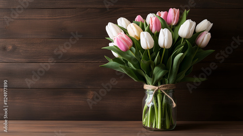 Pink and white tulips bouquet on a wooden background with copy space for spring holiday like International Women's Day, Mother's Day 