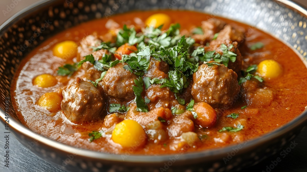 Vindaloo is a rich and spicy Indian curry featuring tender meatballs, vibrant yellow lentils, and fresh cilantro, creating a mouthwatering and hearty dish. Vindaloo is a rich and spicy Indian curry featuring tender meatballs, vibrant yellow lentils, and fresh cilantro, creating a mouthwatering and hearty dish.