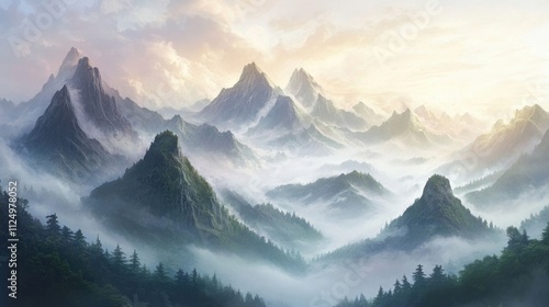 Mountains with rolling mist creating a mystical atmosphere