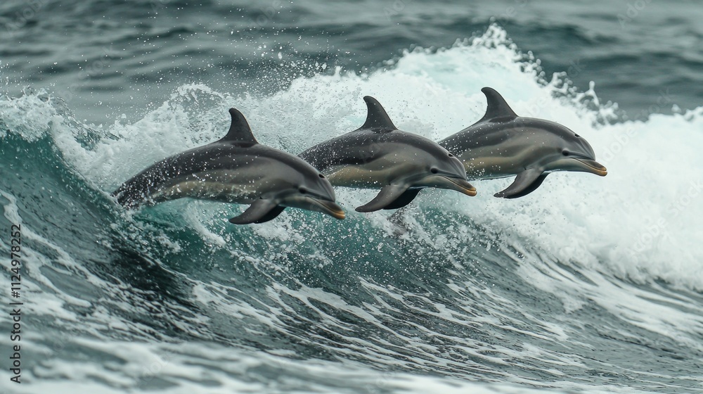Obraz premium Three stunning dolphins launch into the air above the surf, displaying their acrobatic prowess at sunrise. The ocean splashes around them, creating a captivating moment of nature's beauty