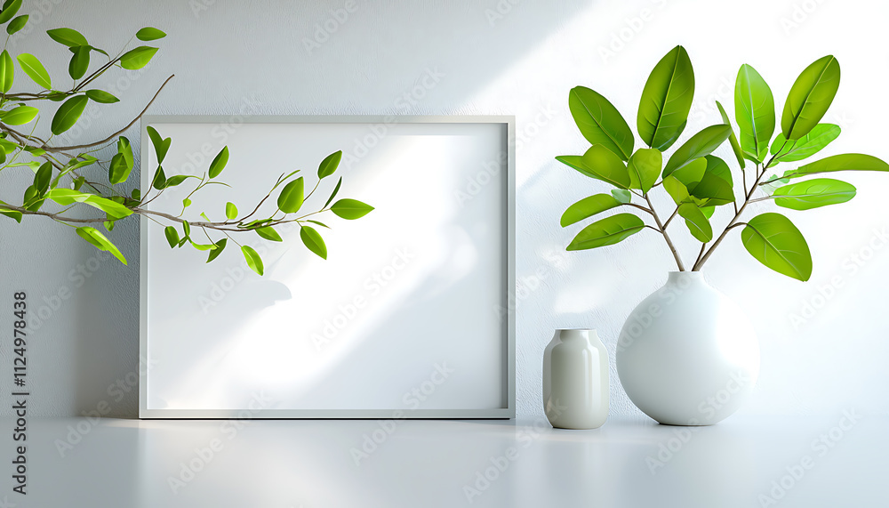 Serene plant arrangement with framed space modern interior still life bright environment minimalist viewpoint tranquility concept Serene plant arrangement with framed space modern interior still life bright environment minimalist viewpoint tranquility concept