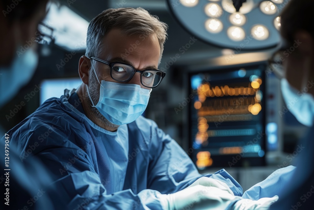 Team of professional surgeons performing surgery in modern operating room with advanced medical equipment, focusing on the lead surgeon wearing a surgical mask and glasses Team of professional surgeons performing surgery in modern operating room with advanced medical equipment, focusing on the lead surgeon wearing a surgical mask and glasses