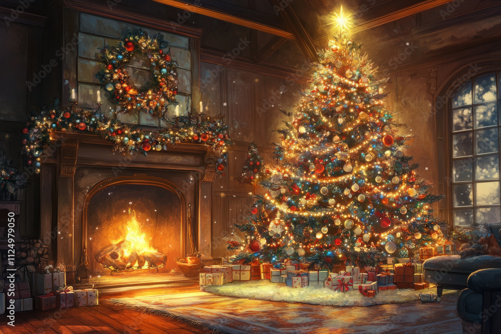 Fototapeta premium A majestic illuminated Christmas tree adorned with shimmering glass balls, twinkling garlands, and a glowing star topper, set in a cozy living room with a fireplace and warm ambient lighting. Perfect