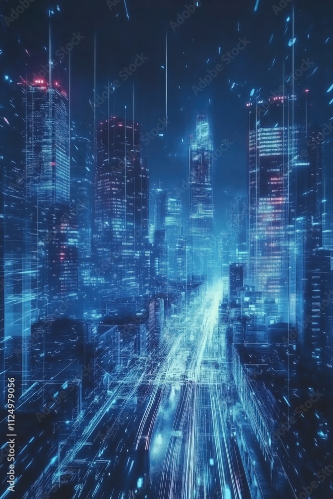 Futuristic cityscape at night illuminated by digital information flows, showcasing technological advancement and interconnectedness Futuristic cityscape at night illuminated by digital information flows, showcasing technological advancement and interconnectedness