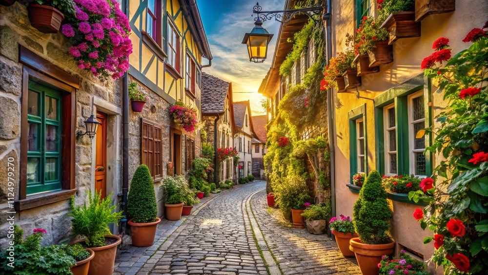 Fototapeta premium Charming Cobblestone Street in an Old Town with Historic Architecture and Vibrant Facades, Capturing the Essence of Timeworn Beauty and Cultural Heritage in a Picturesque Urban Setting