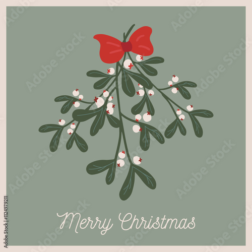 Christmas and new year card with mistletoe bouquet and red bow