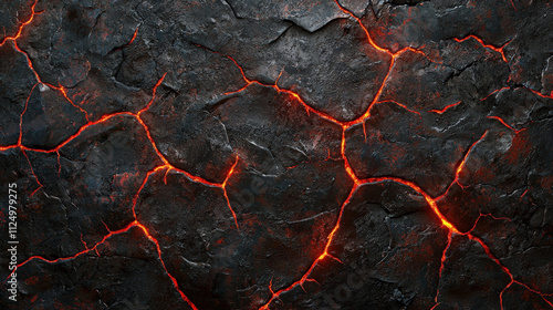 Textured volcanic rock surface with glowing lava cracks in dark colors, showcasing the raw beauty of nature's powerful forces and geological formations