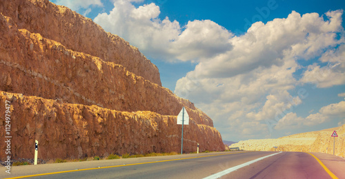 Driving on a highway in the desert. View from the windscreen. Israel