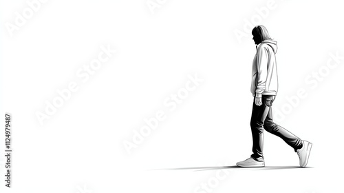 Man walking in hoodie, white isolate background.