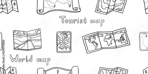 Seamless pattern of travel elements in doodle style. Tourist map, world map, city card, interactive city maps. Travel route, route from and to, area maps, navigator. Hand drawn