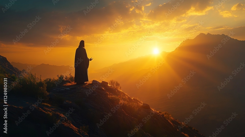 Silhouette of jesus delivering a powerful sermon illuminated by the setting sun on a mountain top Silhouette of jesus delivering a powerful sermon illuminated by the setting sun on a mountain top