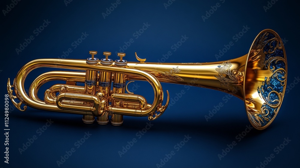Obraz premium Beautiful golden trumpet with intricate designs and blue accents