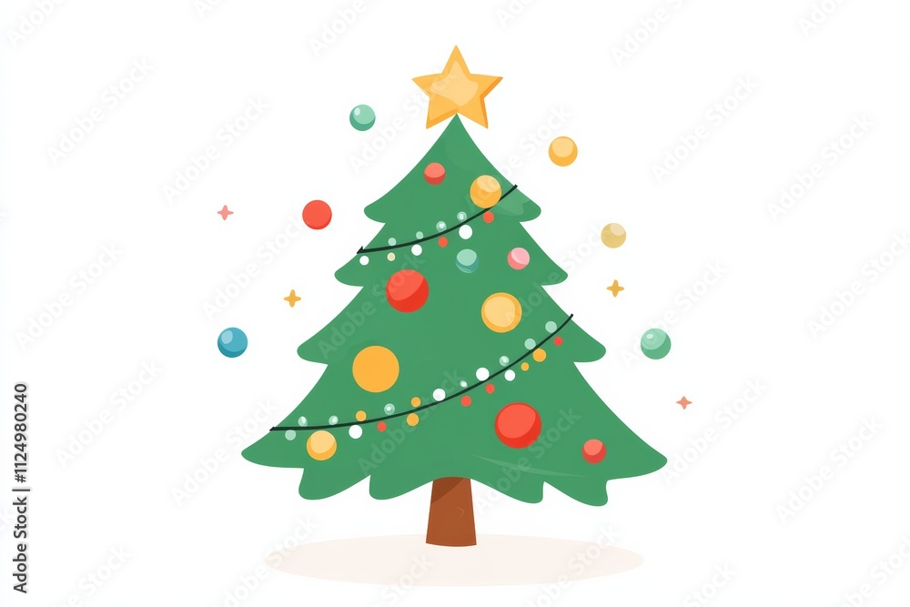 Simple Illustrated Christmas Tree with Ornaments and Star on White Background Simple Illustrated Christmas Tree with Ornaments and Star on White Background