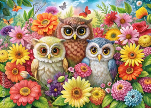 Charming Floral Greeting Card Featuring Adorable Owls Surrounded by Vibrant Blooms in a Whimsical Setting Perfect for Any Occasion or Celebration