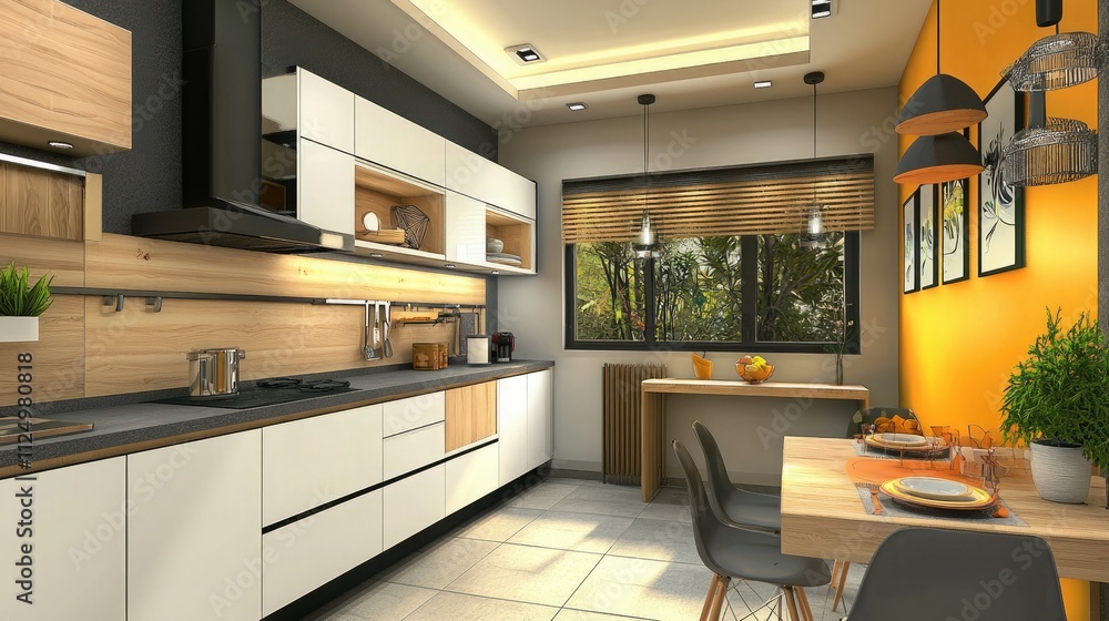 Modern kitchen with open shelving, stylish cabinetry, and a cozy dining nook Modern kitchen with open shelving, stylish cabinetry, and a cozy dining nook