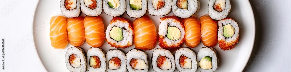 modern flat lay of sushi rolls arranged in circular pattern on white ceramic plate modern flat lay of sushi rolls arranged in circular pattern on white ceramic plate