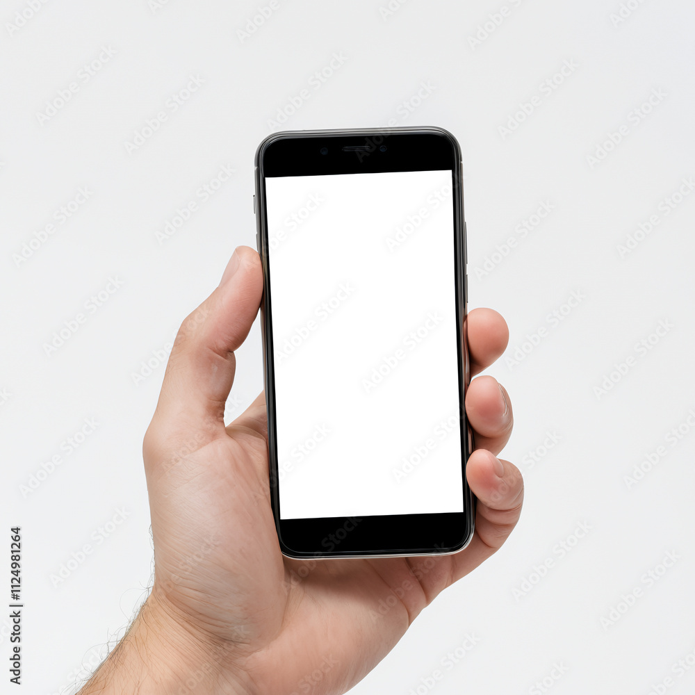 Close-up of a hand holding a smartphone with a blank screen on a white background, ideal for showcasing app designs or technology concepts Close-up of a hand holding a smartphone with a blank screen on a white background, ideal for showcasing app designs or technology concepts