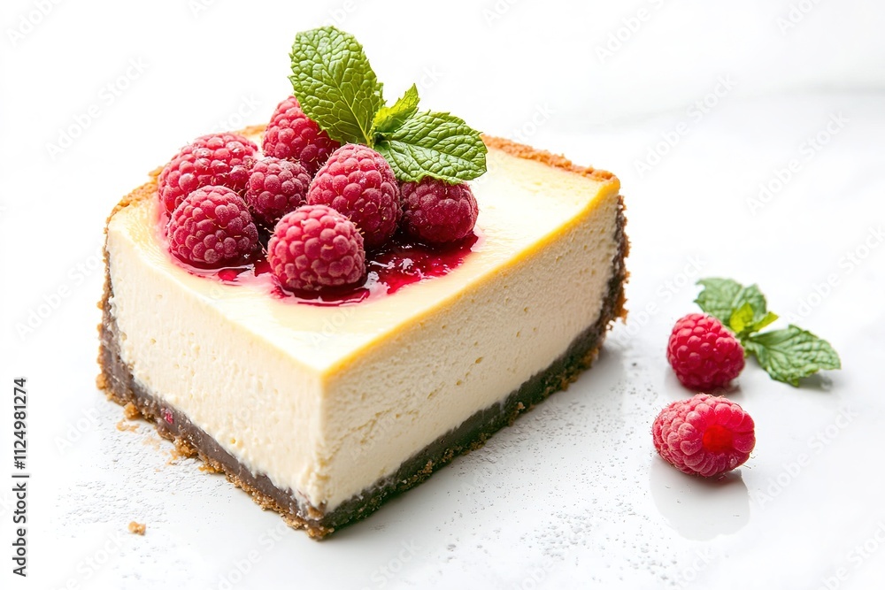 clean and modern setup of slice of cheesecake topped with raspberries and mint leaves styled on white background clean and modern setup of slice of cheesecake topped with raspberries and mint leaves styled on white background