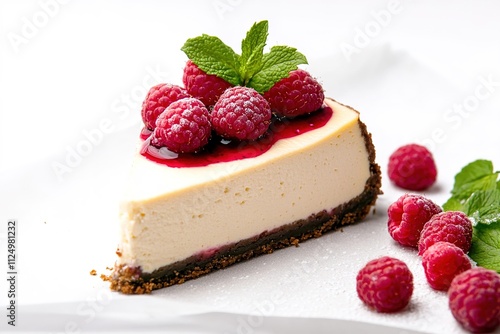 clean and modern setup of slice of cheesecake topped with raspberries and mint leaves styled on white background