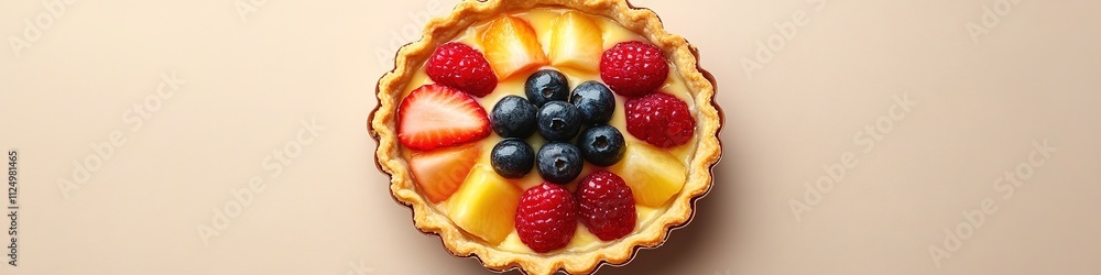 clean flat lay of tart shell filled with custard and fresh fruits placed on beige background clean flat lay of tart shell filled with custard and fresh fruits placed on beige background