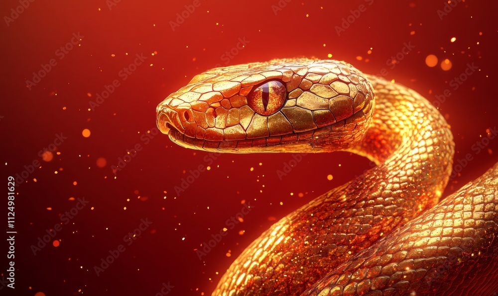 red background, golden flat snake illustration, glittery effect to spice up red background, golden flat snake illustration, glittery effect to spice up