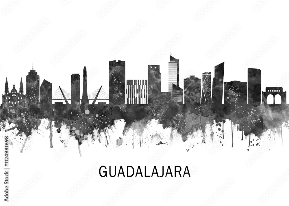 Obraz premium Guadalajara Mexico Skyline BW, print poster travel art illustration urban modern downtown landmarks skyscrapers artwork architecture digital design 
