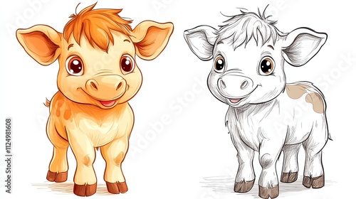 Cute cartoon calves, white isolated background.