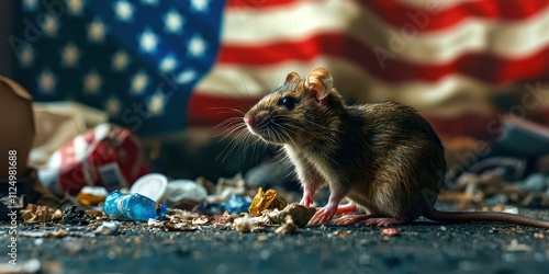 Small brown and black mouse is sitting on a dirty floor