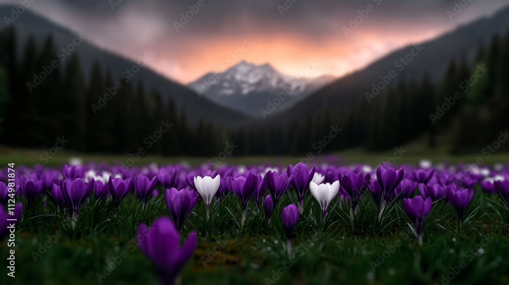 Obraz premium A field of crocuses in various shades of purple and white, with dewdrops glistening on their petals, mountain background