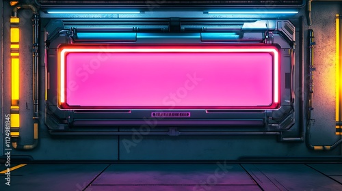 Fototapeta Naklejka Na Ścianę i Meble -  Futuristic pink neon sign in spaceship corridor.