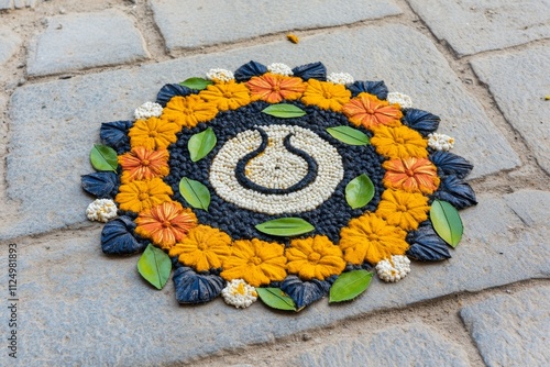 A photo of a vibrant rangoli design with an Aum at the center, surrounded by colorful floral patterns during a festival celebration photo