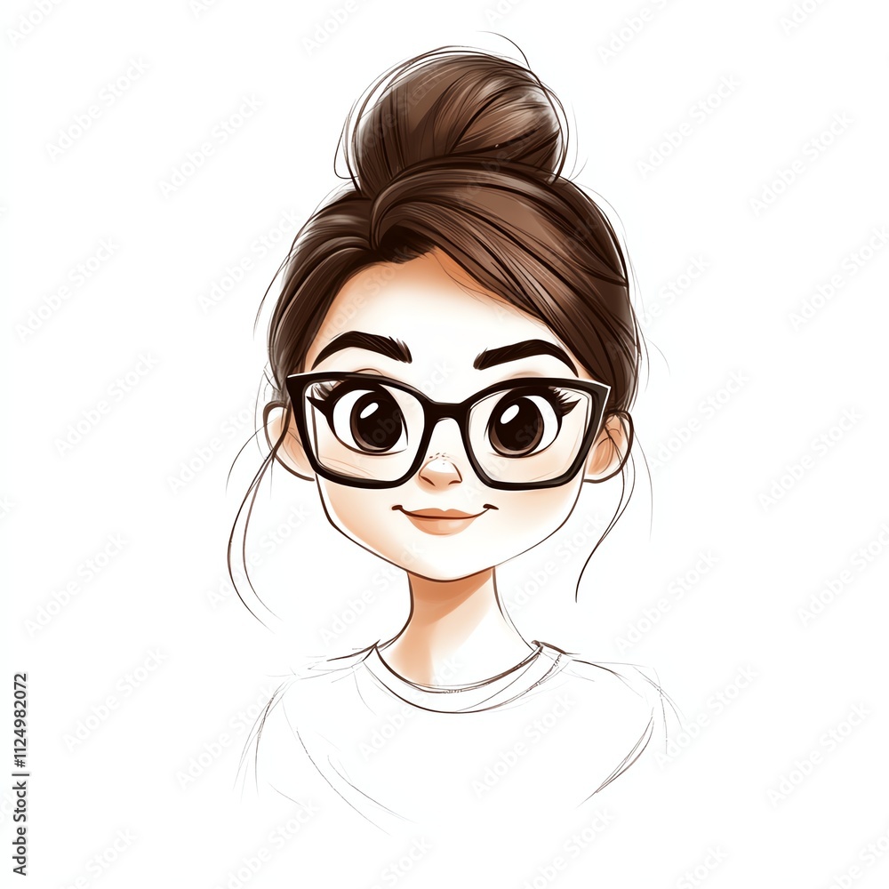 Illustration of a young woman with glasses and a bun hairstyle, white isolate background. Illustration of a young woman with glasses and a bun hairstyle, white isolate background.