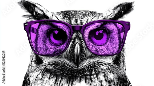 Owl in black and white illustration with big purple glasses, generative ai photo