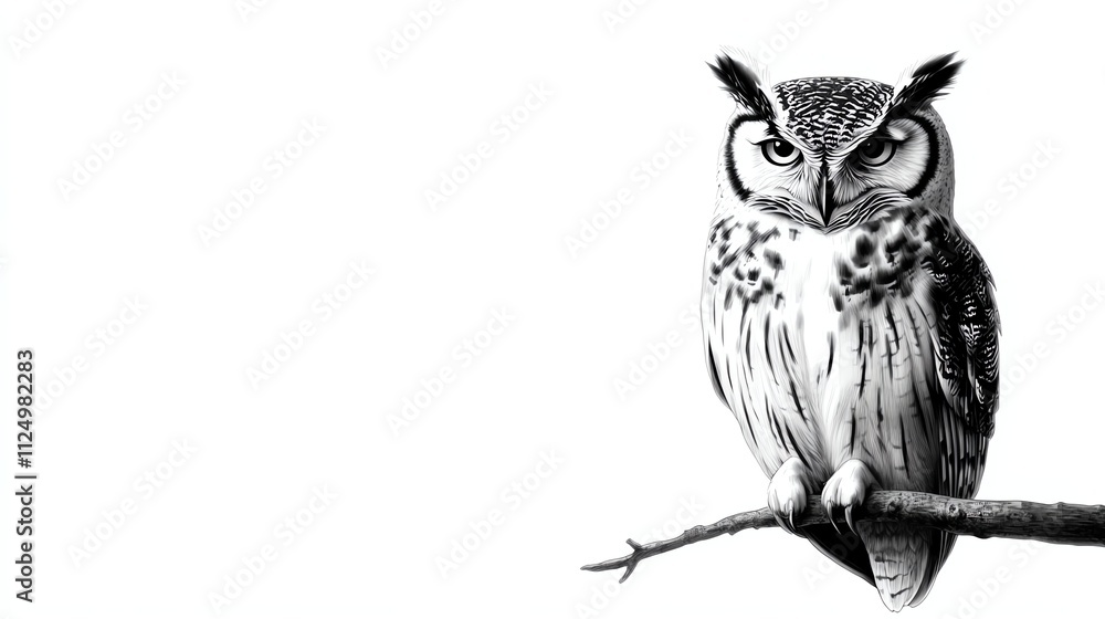 Owl perched on branch, white isolate background. Owl perched on branch, white isolate background.