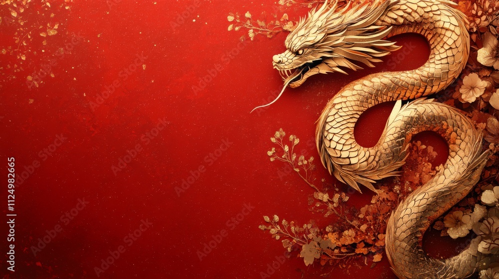red background, golden paper cut snake illustration at the side, glittery effect to spice up red background, golden paper cut snake illustration at the side, glittery effect to spice up