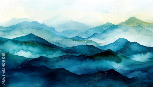 Watercolor Mystical Mountains, Green, Blue Landscape, Tranquil Nature Painting, Ethereal Lights.