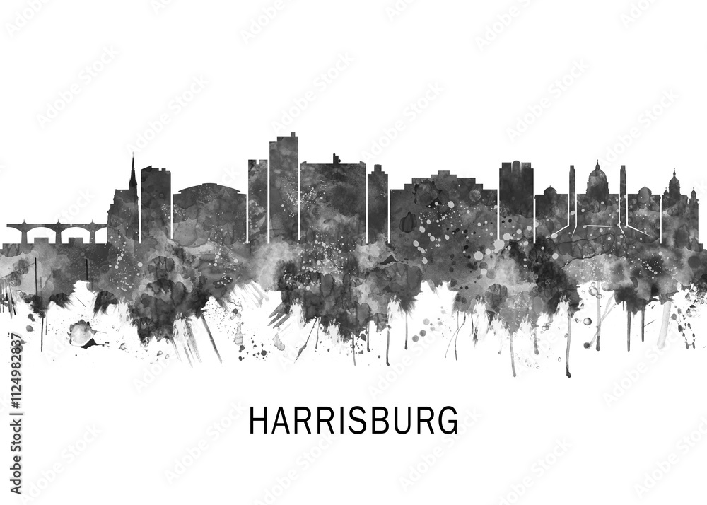 Harrisburg Pennsylvania Skyline BW, print poster travel art illustration urban modern downtown landmarks skyscrapers artwork architecture digital design