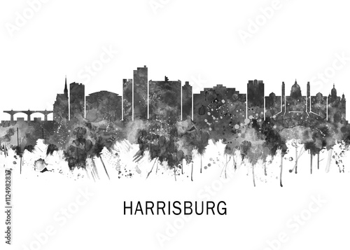 Obraz na płótnie Harrisburg Pennsylvania Skyline BW, print poster travel art illustration urban modern downtown landmarks skyscrapers artwork architecture digital design w salonie