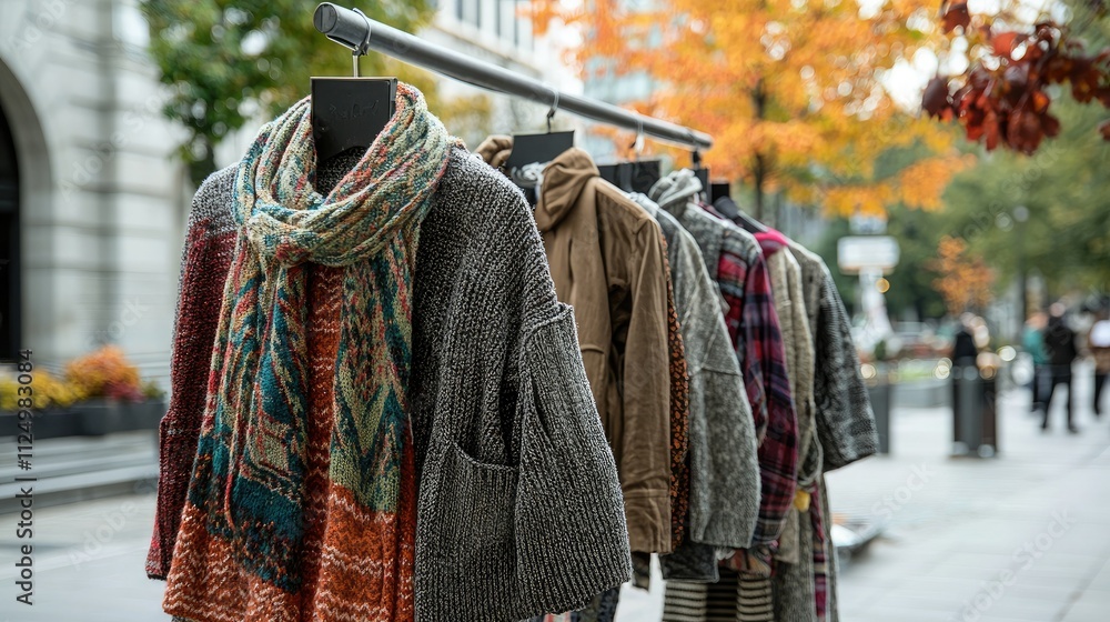 Fototapeta premium Outdoor display of fall fashion with cozy sweaters and jackets in a city square 