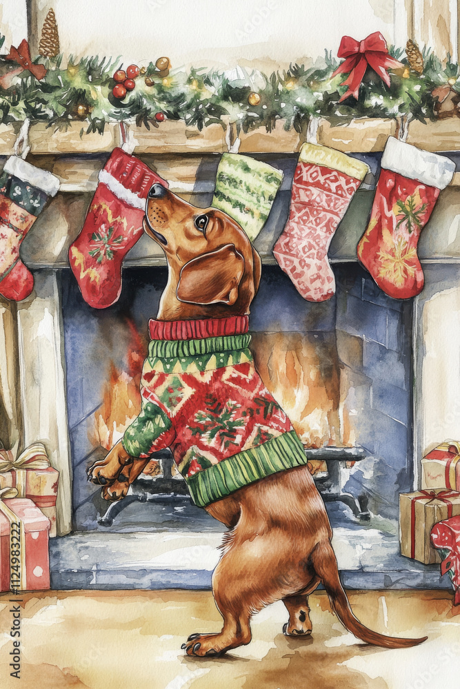 Fototapeta premium A joyful Dachshund in a cozy red-and-green Christmas sweater, wagging its tail near a fireplace adorned with stockings, painted in soft watercolor.