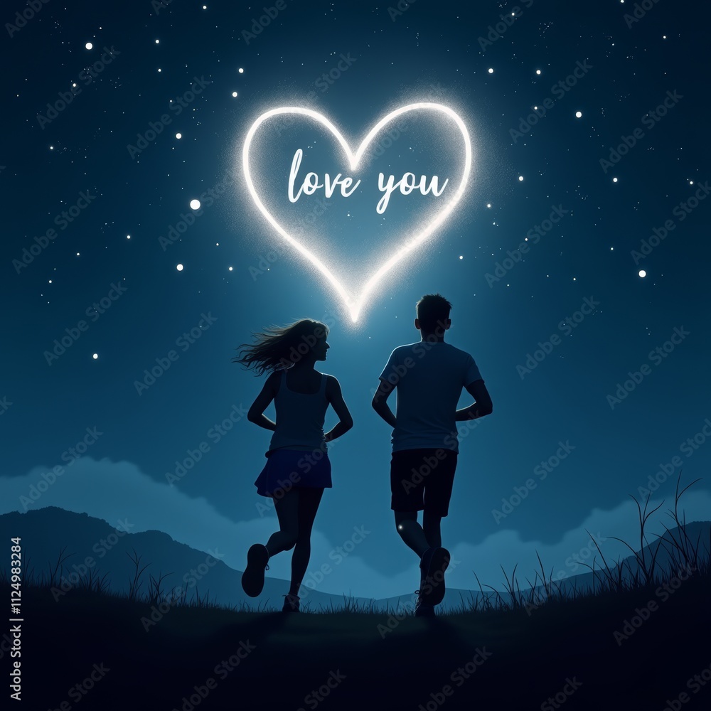 Obraz premium Love under stars. Silhouette of couple running under heart-shaped stars with 