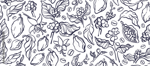 Coffee, cocoa seamless pattern. Organic chocolate