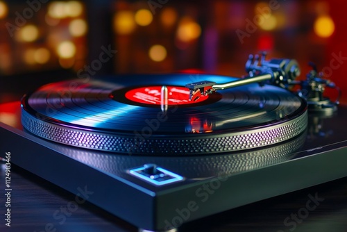 A record spinning in slow motion on a turntable, capturing the texture of the grooves and the needle precisely gliding over them