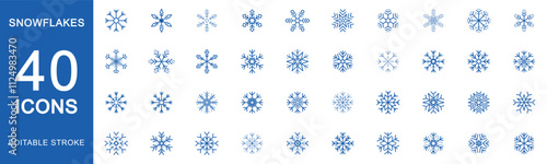 Snow icons set. Snowflakes icon collection. Snowflake icon. Winter elements. Frozen sign. Winter decorations elements. Vector editable line icon.