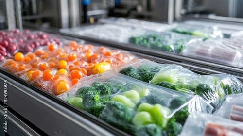 Frozen food packaging line, vegetables flash-frozen then bagged, conveyor belts guiding sealed pouches into boxes