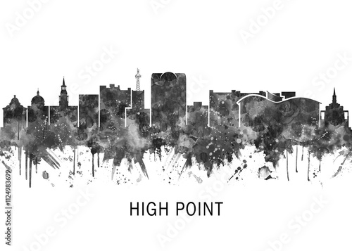 High Point North Carolina Skyline BW, print poster travel art illustration urban modern downtown landmarks skyscrapers artwork architecture digital design 