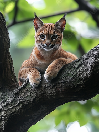 Watchful Caracal Sitting Perched on Tree Trunk, Alert to Danger. Perfect for wildlife blogs, conservation campaigns, animal behavior education, decorative art, eco-tourism, marketing